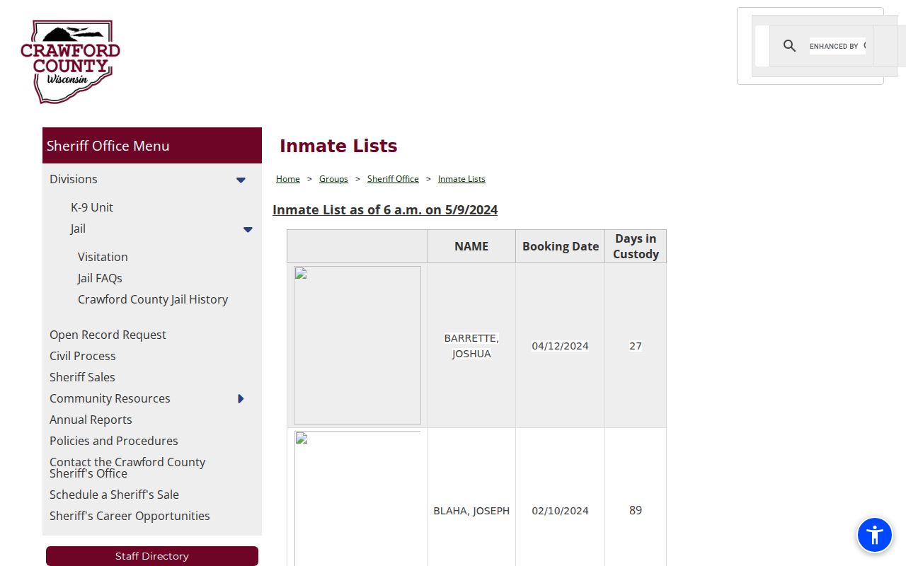 Crawford County arrest search historical inmate list