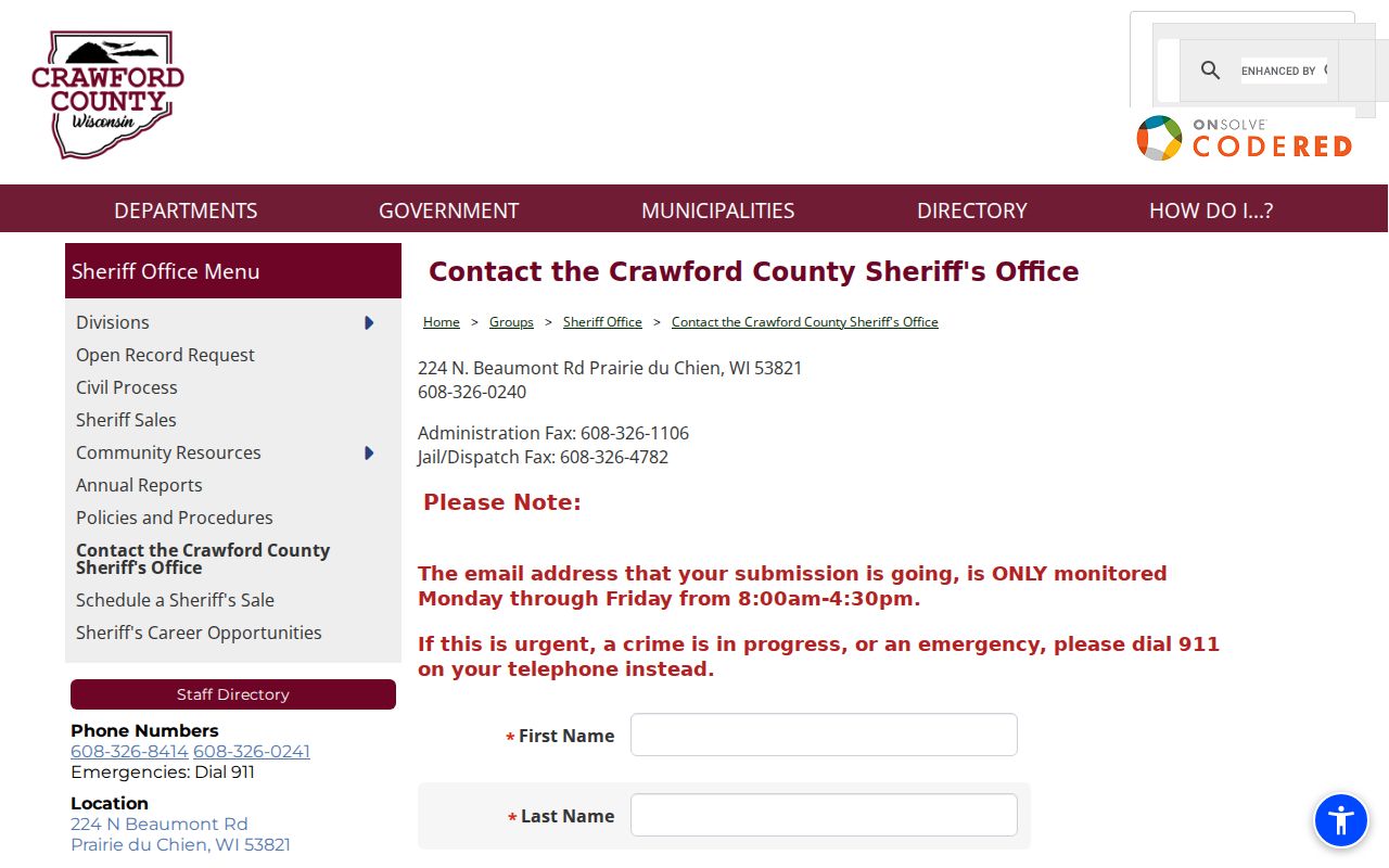 Crawford County arrest search Sheriff contact options