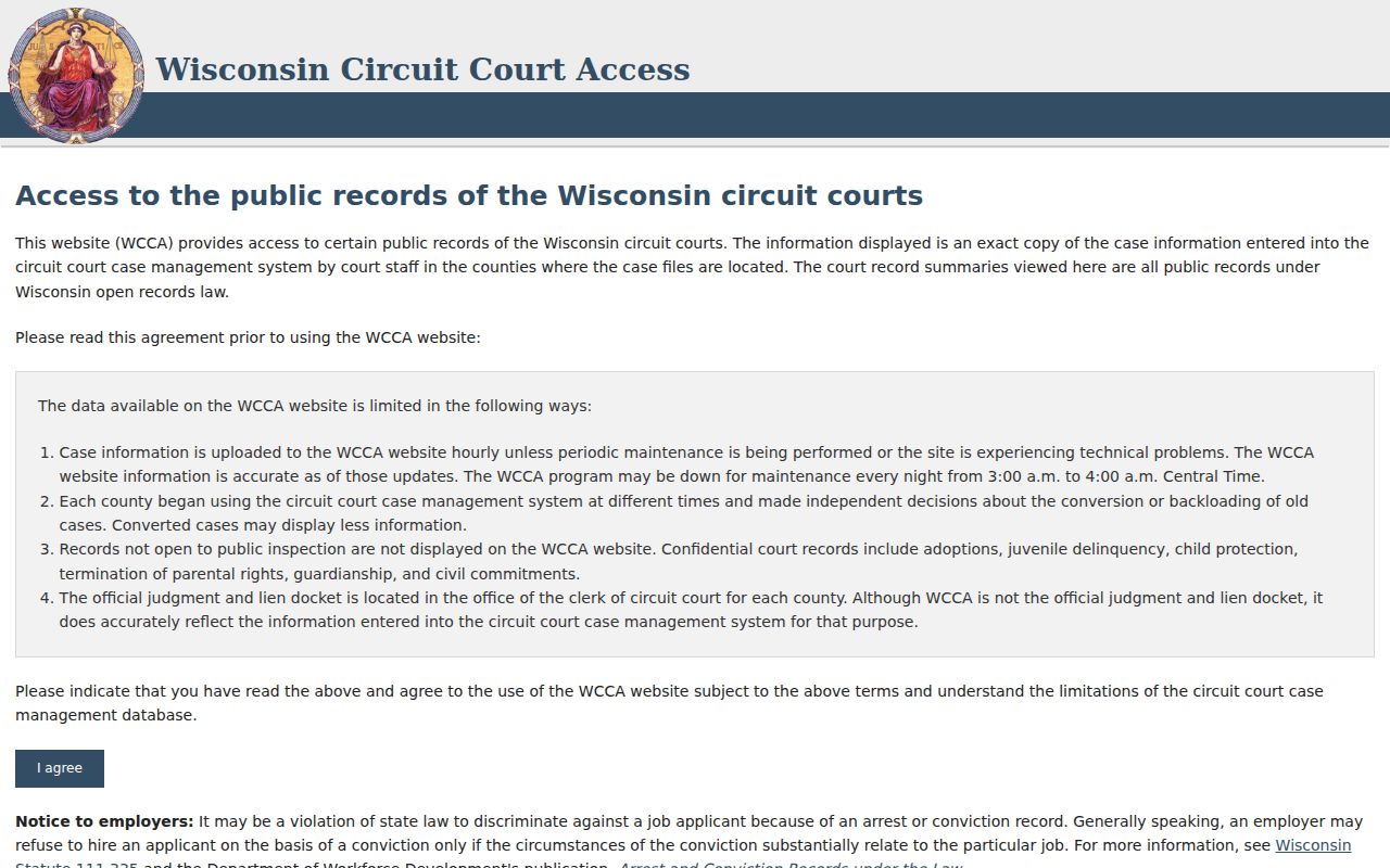 WCCA public portal for Crawford County court case outcomes