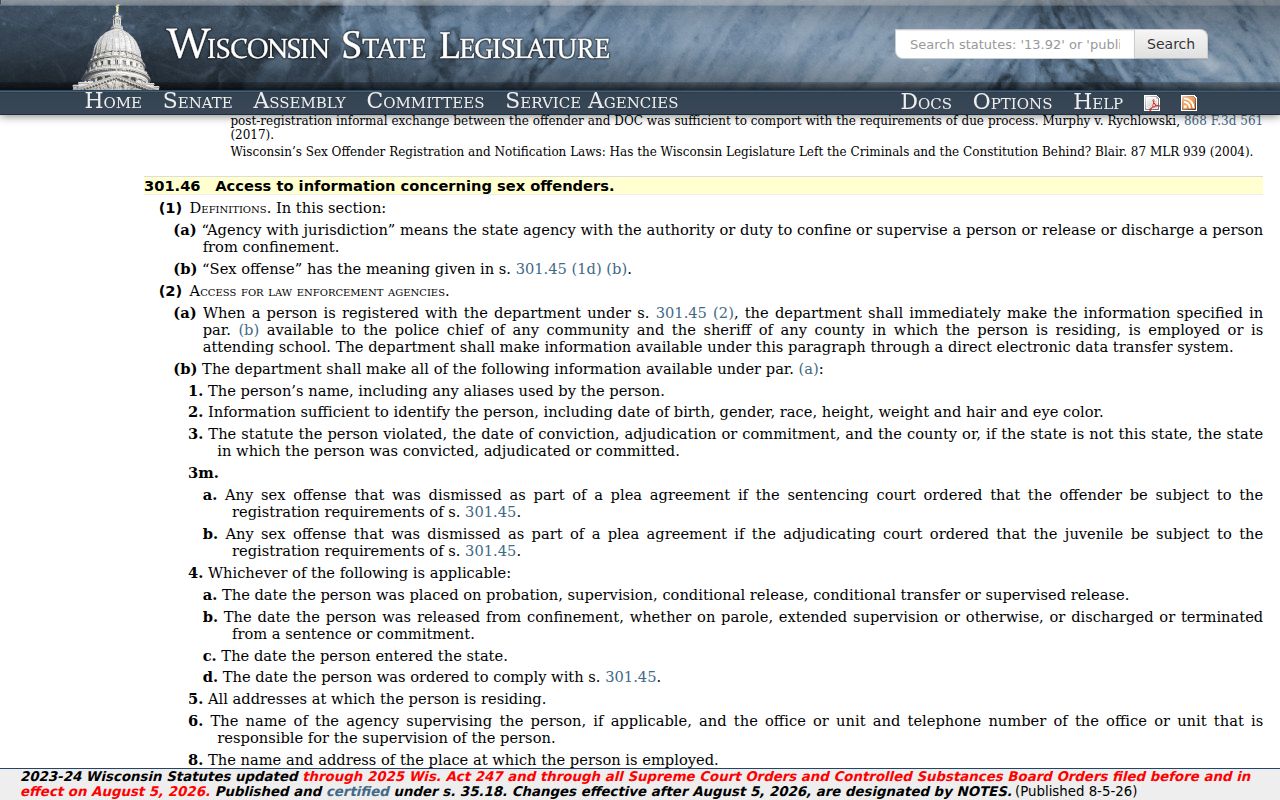 Crawford County sex offender lookup under Wisconsin registry information law