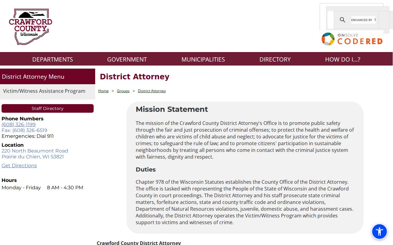 Soldiers Grove criminal case record route through the Crawford County District Attorney