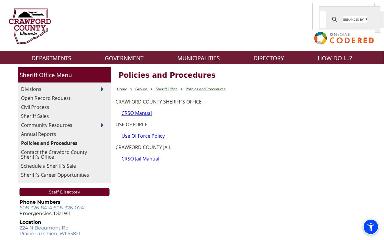 Soldiers Grove criminal report context from Crawford County Sheriff policies