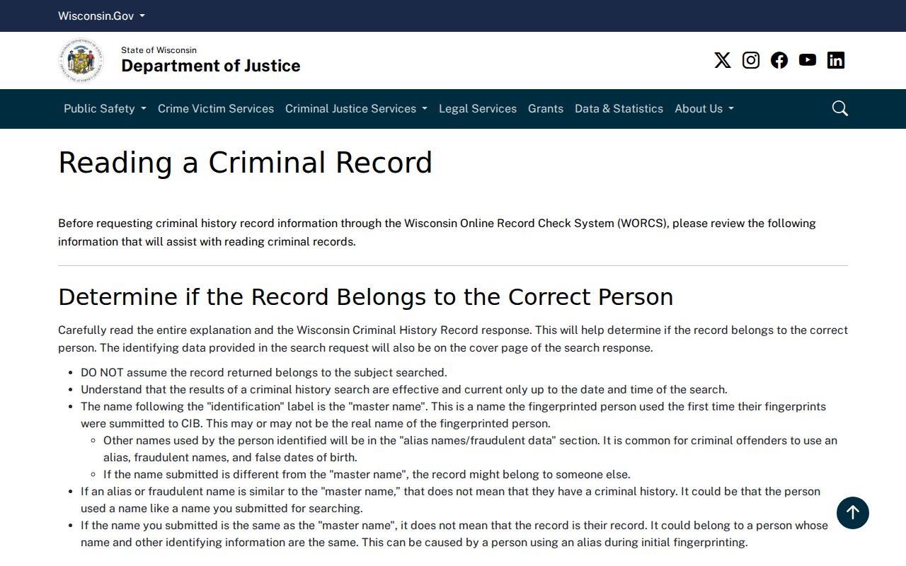 Guide to reading a Wisconsin Crawford County criminal history record